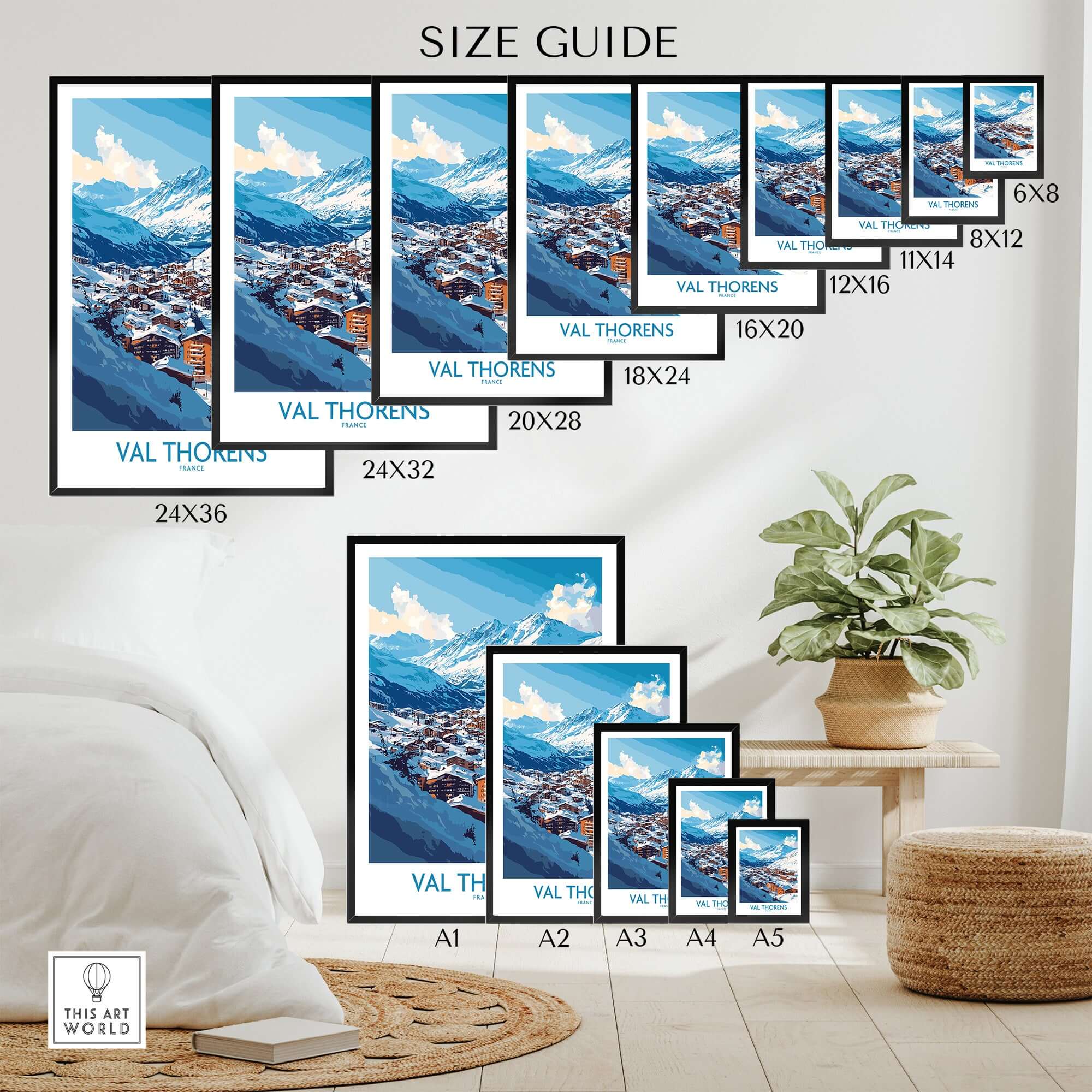 Ski in Val Thorens Art Print | France skiing Print size guide with various frame options and dimensions.