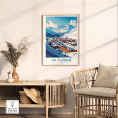 Ski in Val Thorens Art Print | France skiing Print displayed in a stylish room with natural decor.