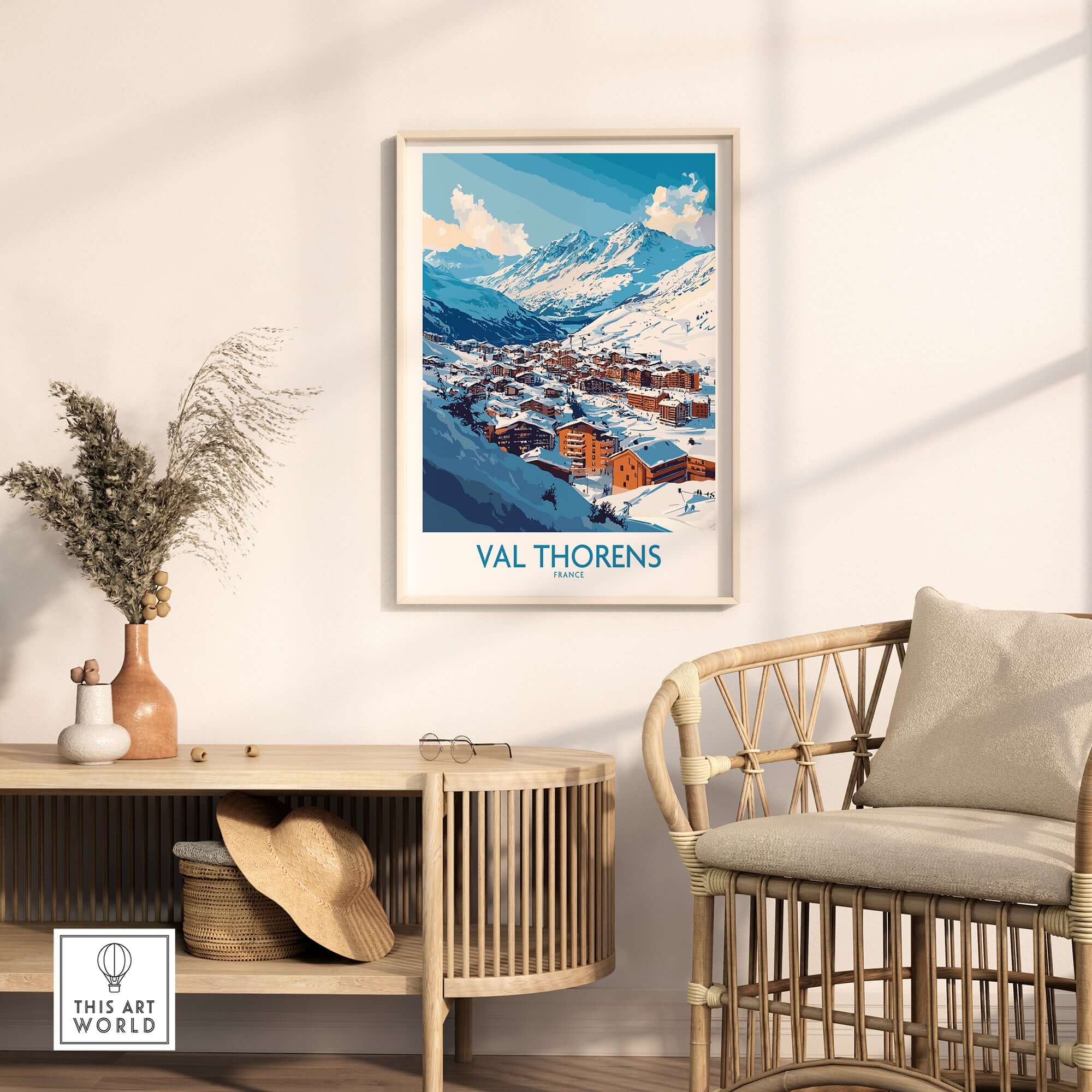 Ski in Val Thorens Art Print | France skiing Print displayed in a stylish room with natural decor.