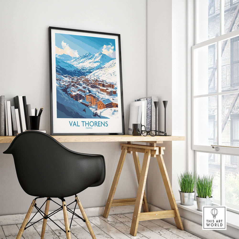 Ski in Val Thorens Art Print | France skiing Print displayed in a modern home office setting.