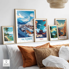 Ski in Val Thorens Art Print | France skiing Print displayed among travel art prints on a cozy living room wall.