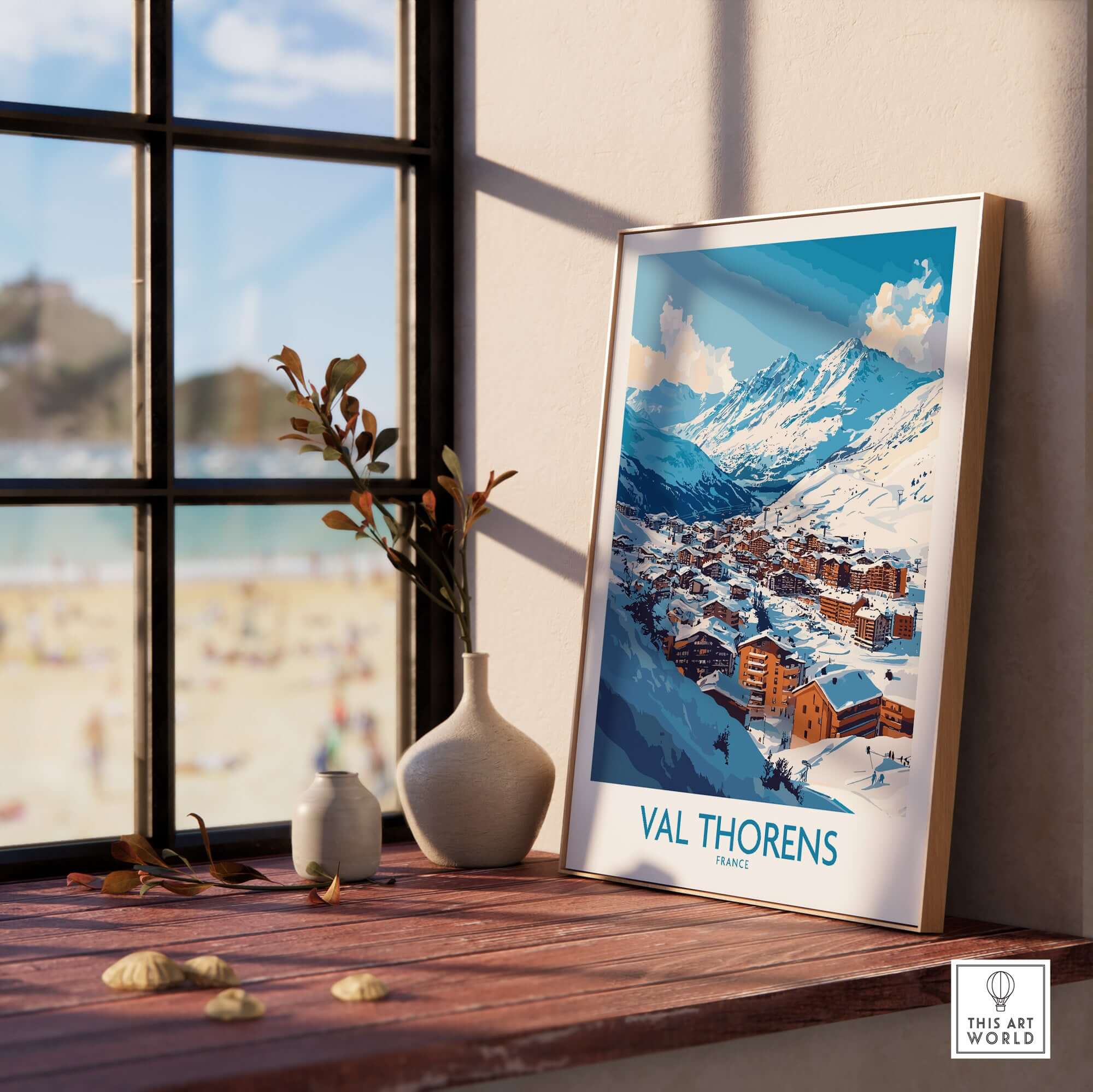 Ski in Val Thorens Art Print | France skiing Print displayed in a cozy setting with mountains and a ski resort.