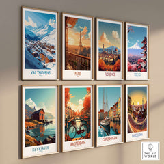 Ski in Val Thorens Art Print | France skiing Print featuring various city art prints on a wall.