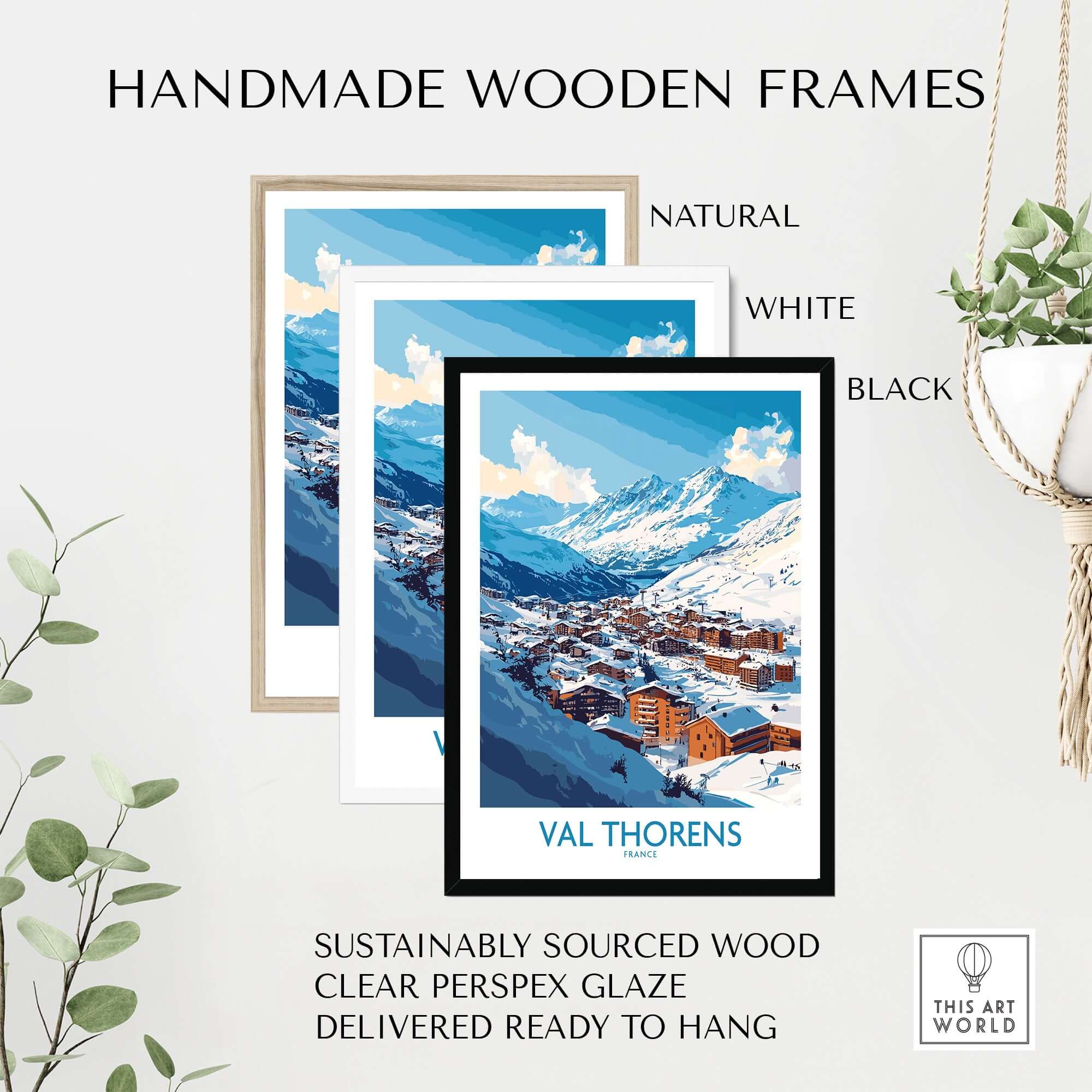 Handmade wooden frames for Ski in Val Thorens Art Print | France skiing Print in natural, white, and black options.