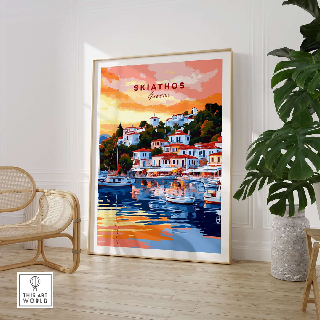 Skiathos Greece art print showcasing vibrant buildings and boats reflecting on water, perfect for travel wall decor.