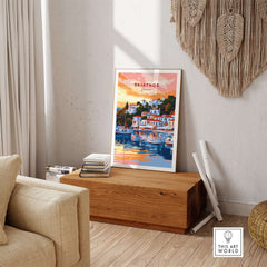Skiathos Art Prints - Greece Travel Poster displayed in a stylish home setting with vibrant colors and charming landscapes.