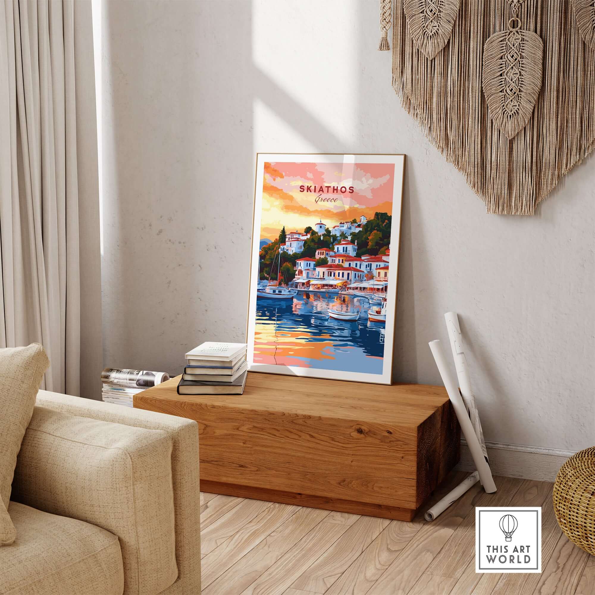 Skiathos Art Prints - Greece Travel Poster displayed in a stylish home setting with vibrant colors and charming landscapes.