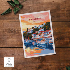 Skiathos Art Prints - Greece Travel Poster showcasing a vibrant waterfront scene of Skiathos, Greece.