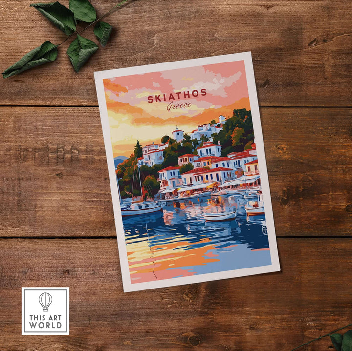 Skiathos art print featuring colorful Greek waterfront scene, capturing the beauty of Greece travel memories.