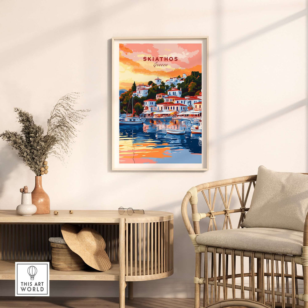 Skiathos Greece travel poster art print displayed in a cozy living room setting with natural decor.