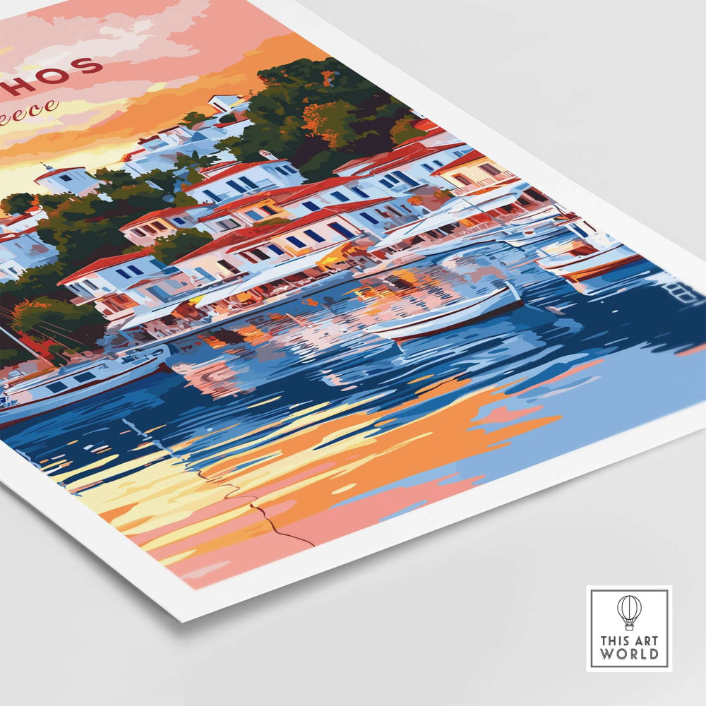 Skiathos art print showcasing colorful houses and boats reflecting on water, Greece travel poster.