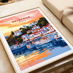 Skiathos Art Prints - Greece Travel Poster showcasing colorful houses by the harbor at sunset.