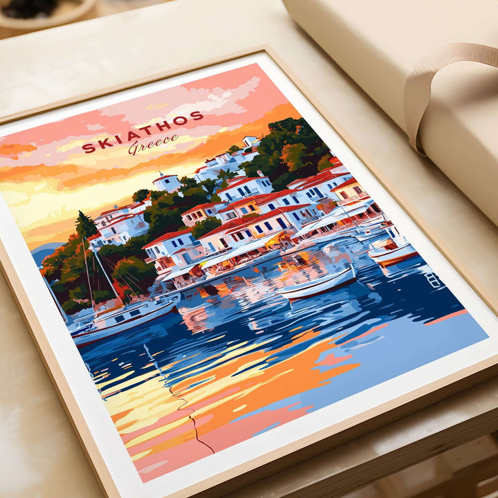 Skiathos art print showcasing colorful buildings and boats reflecting in water with sunset hues, perfect Greece travel poster.