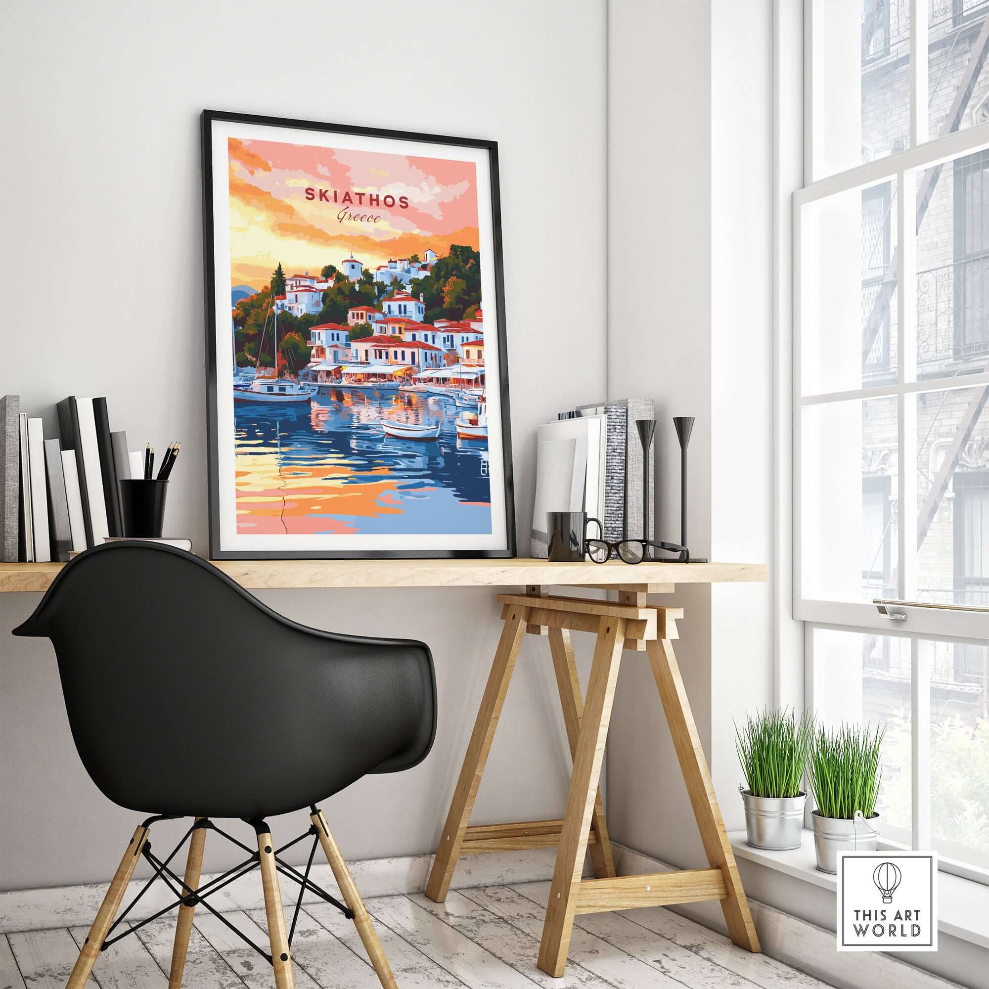 Skiathos Art Prints - Greece Travel Poster showcased in a modern workspace with a scenic view.