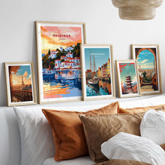 Skiathos Art Prints - Greece Travel Poster displayed in elegant frames on a stylish interior sofa.