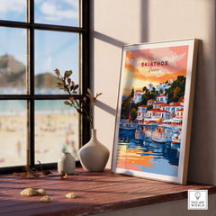 Skiathos Art Prints - Greece Travel Poster showcased in a cozy interior setting with view of the beach.