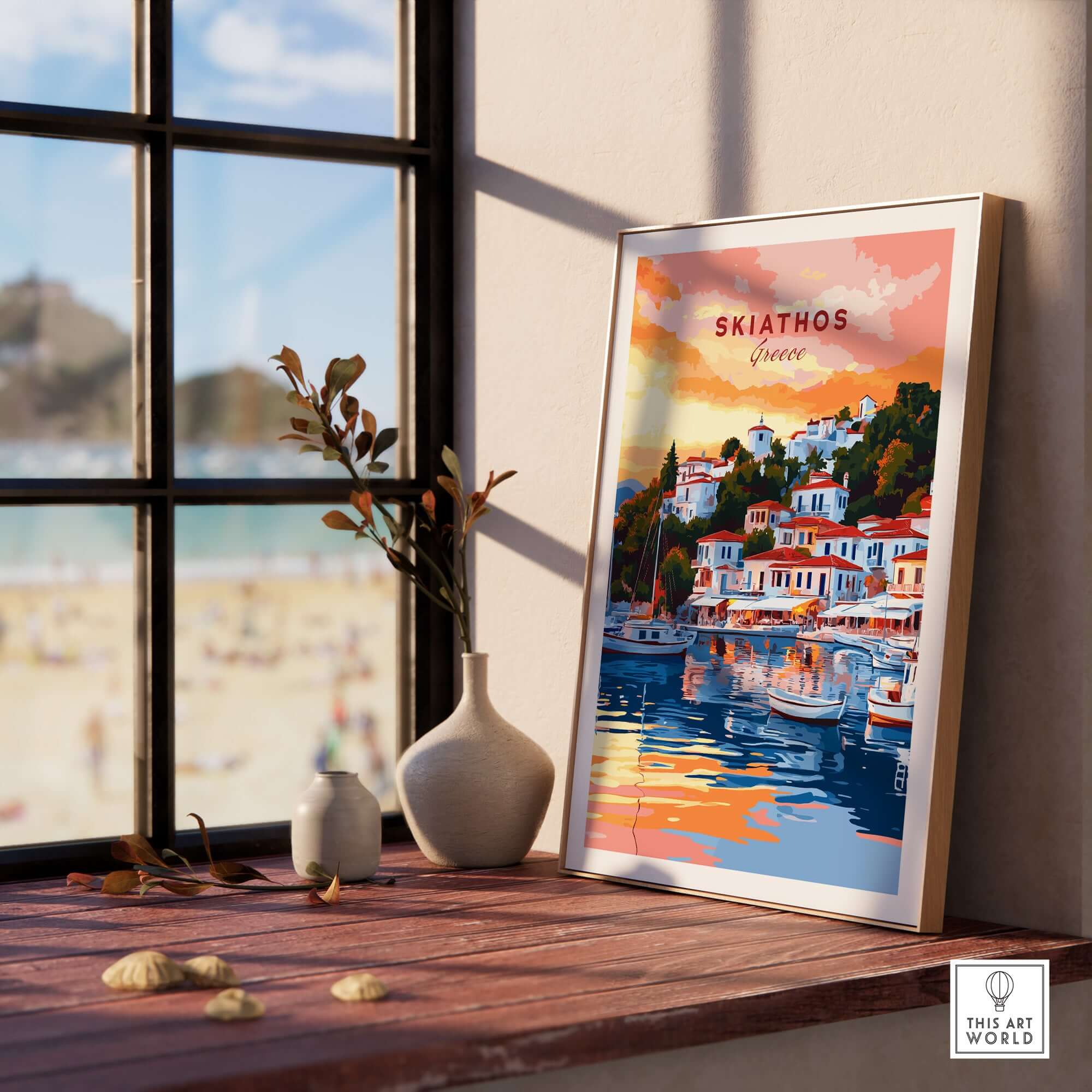Skiathos Art Prints - Greece Travel Poster showcased in a cozy interior setting with view of the beach.