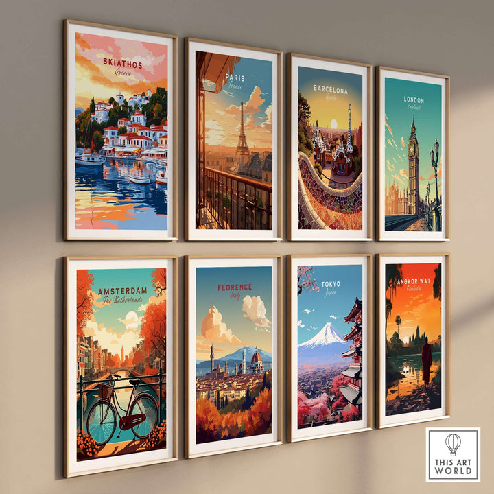 Colorful travel posters featuring Skiathos, Paris, Barcelona, London, Amsterdam, Florence, Tokyo, and Bangkok on a wall.