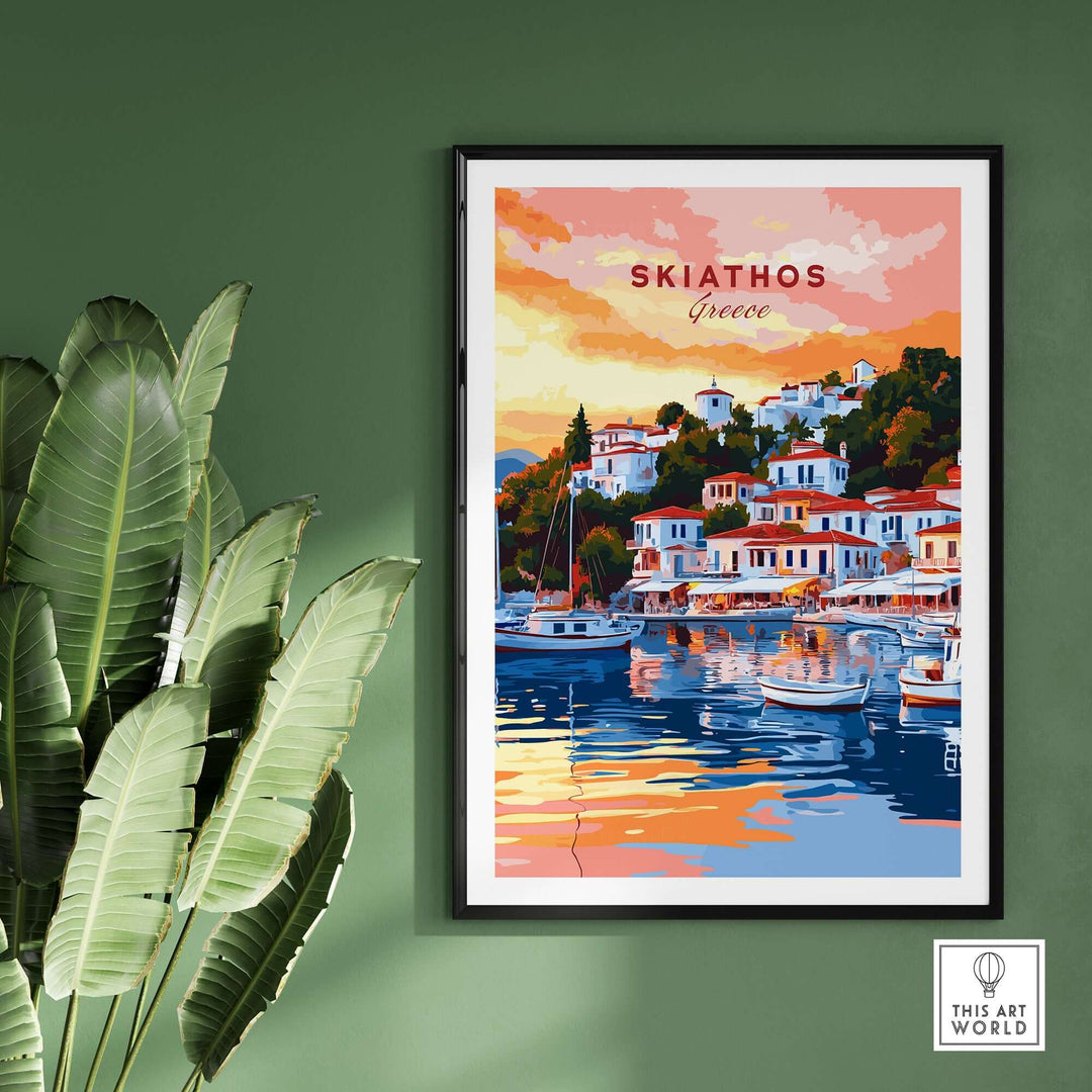 Skiathos Greece travel poster featuring colorful buildings and boats on a serene waterfront.