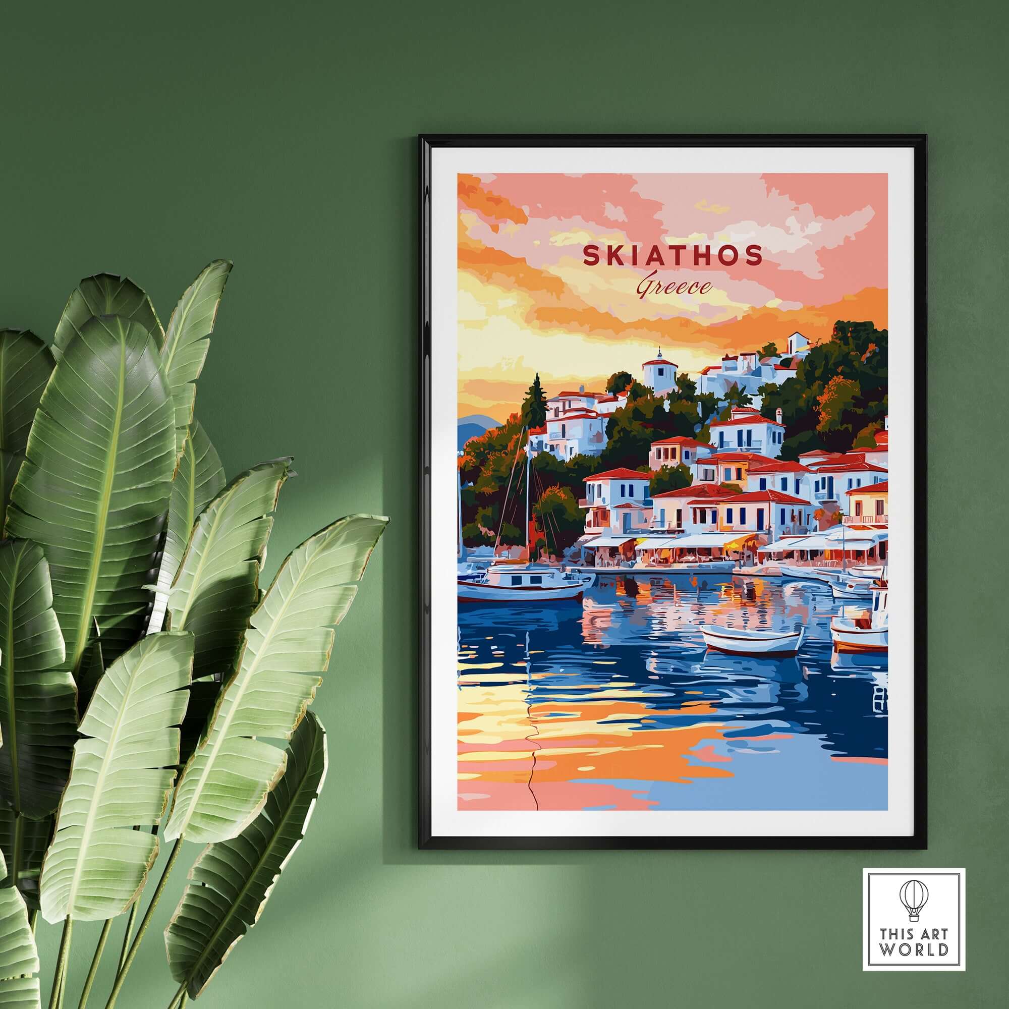 Skiathos Art Prints - Greece Travel Poster featuring colorful coastal scene and boats.