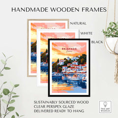 Skiathos Art Prints - Greece Travel Poster showcased in handmade wooden frames in natural, white, and black.