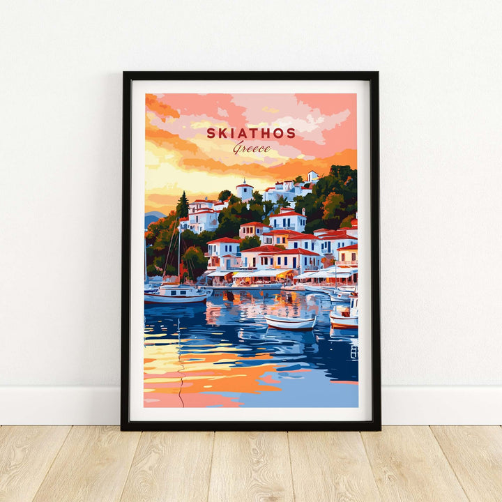 Colorful Skiathos Greece travel poster featuring scenic waterfront and boats, perfect for home decor.