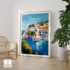 Skiathos Beach Escape: Stunning Greece Poster showcasing vibrant coastal scenery and colorful buildings in a stylish living room.