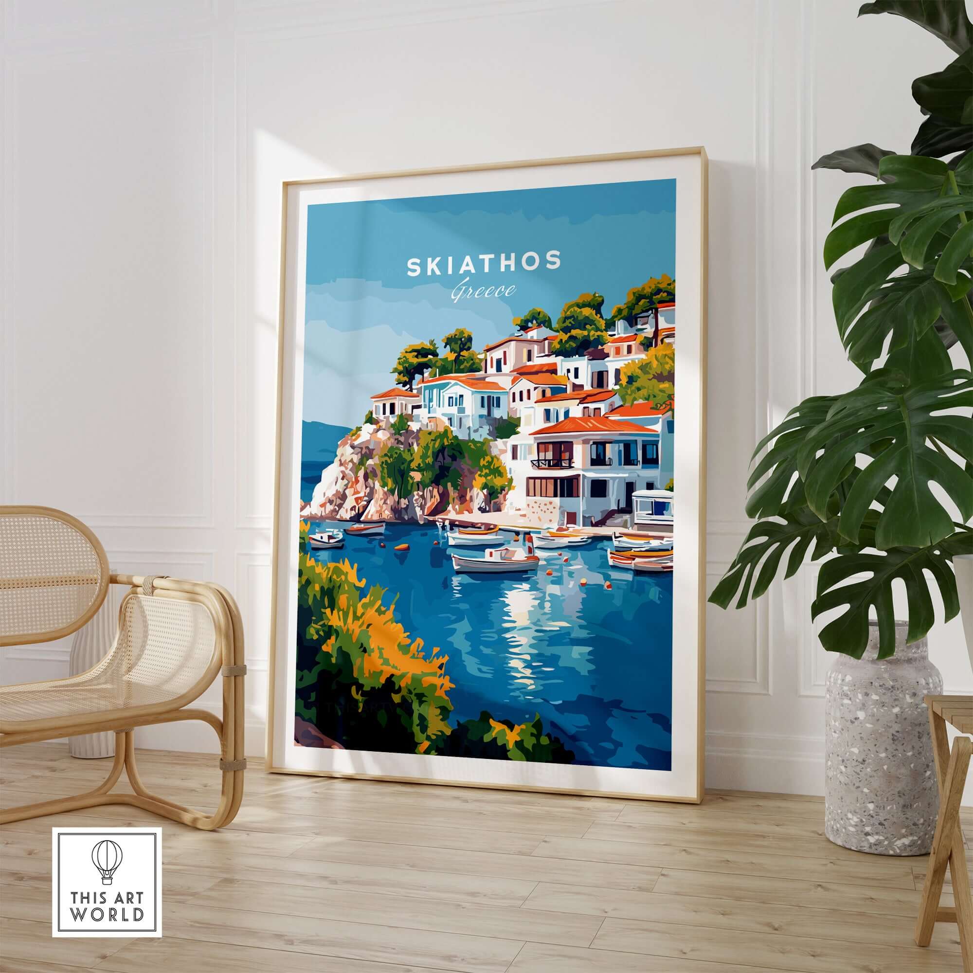 Skiathos Beach Escape: Stunning Greece Poster showcasing vibrant coastal scenery and colorful buildings in a stylish living room.