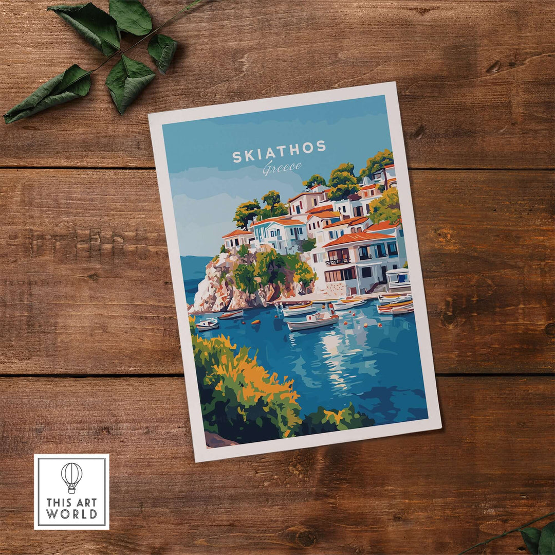 Skiathos Beach poster showcasing vibrant Greek island scenery and colorful architecture.