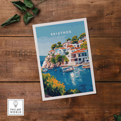 Skiathos Beach Escape: Stunning Greece Poster showcasing beautiful coastal scenery of Skiathos, Greece.