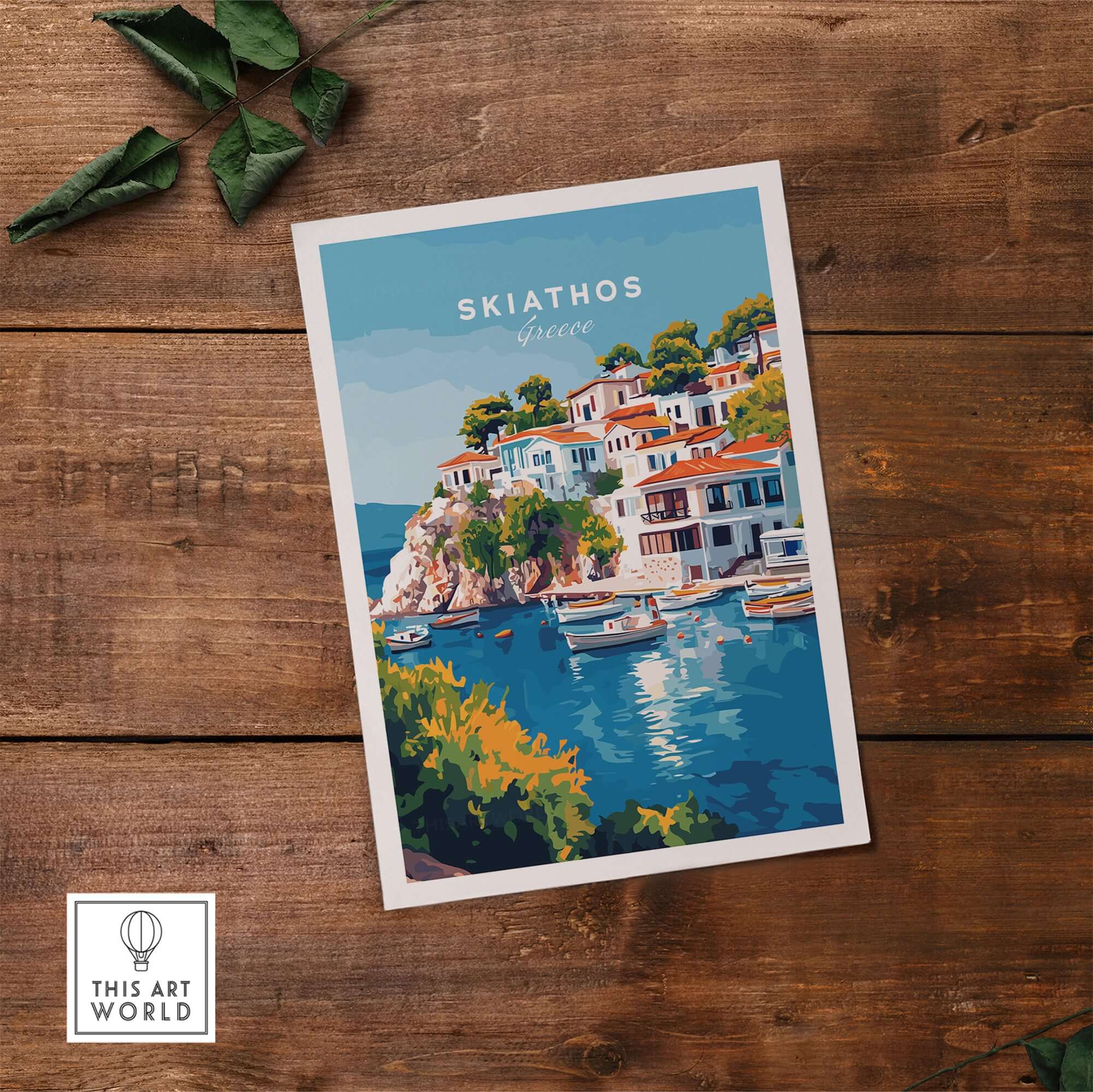 Skiathos Beach Escape: Stunning Greece Poster showcasing beautiful coastal scenery of Skiathos, Greece.