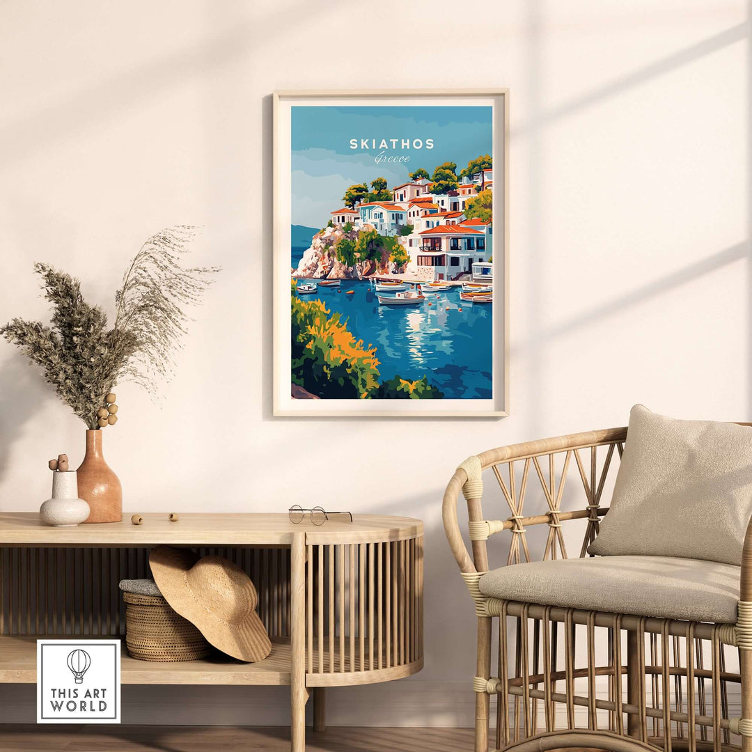 Skiathos Beach Escape poster in modern home decor, showcasing vibrant art of Greece's stunning seaside.