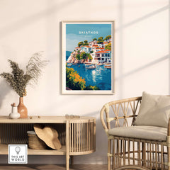 Skiathos Beach Escape: Stunning Greece Poster displayed in a stylish living room setting.