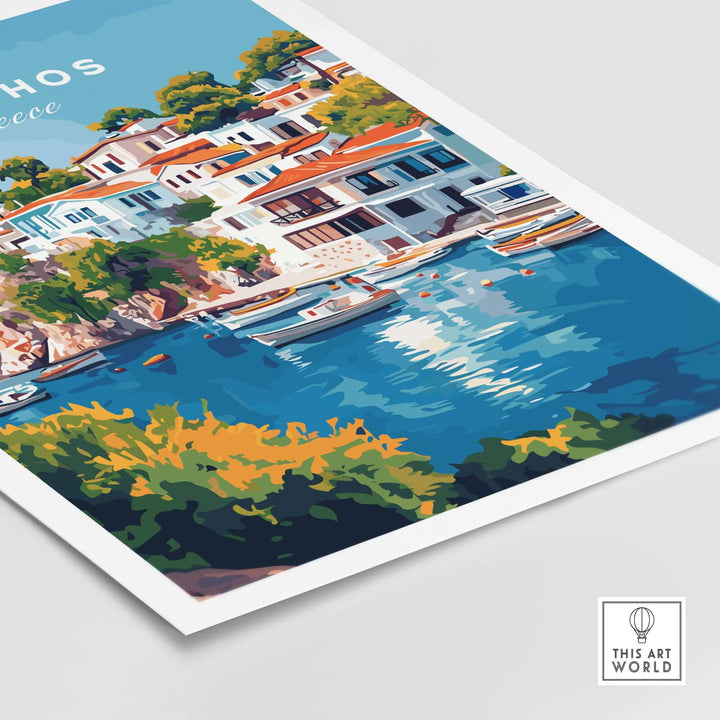 Skiathos Beach Escape poster showcasing vibrant coastal scenery of Greece with colorful homes and boats.