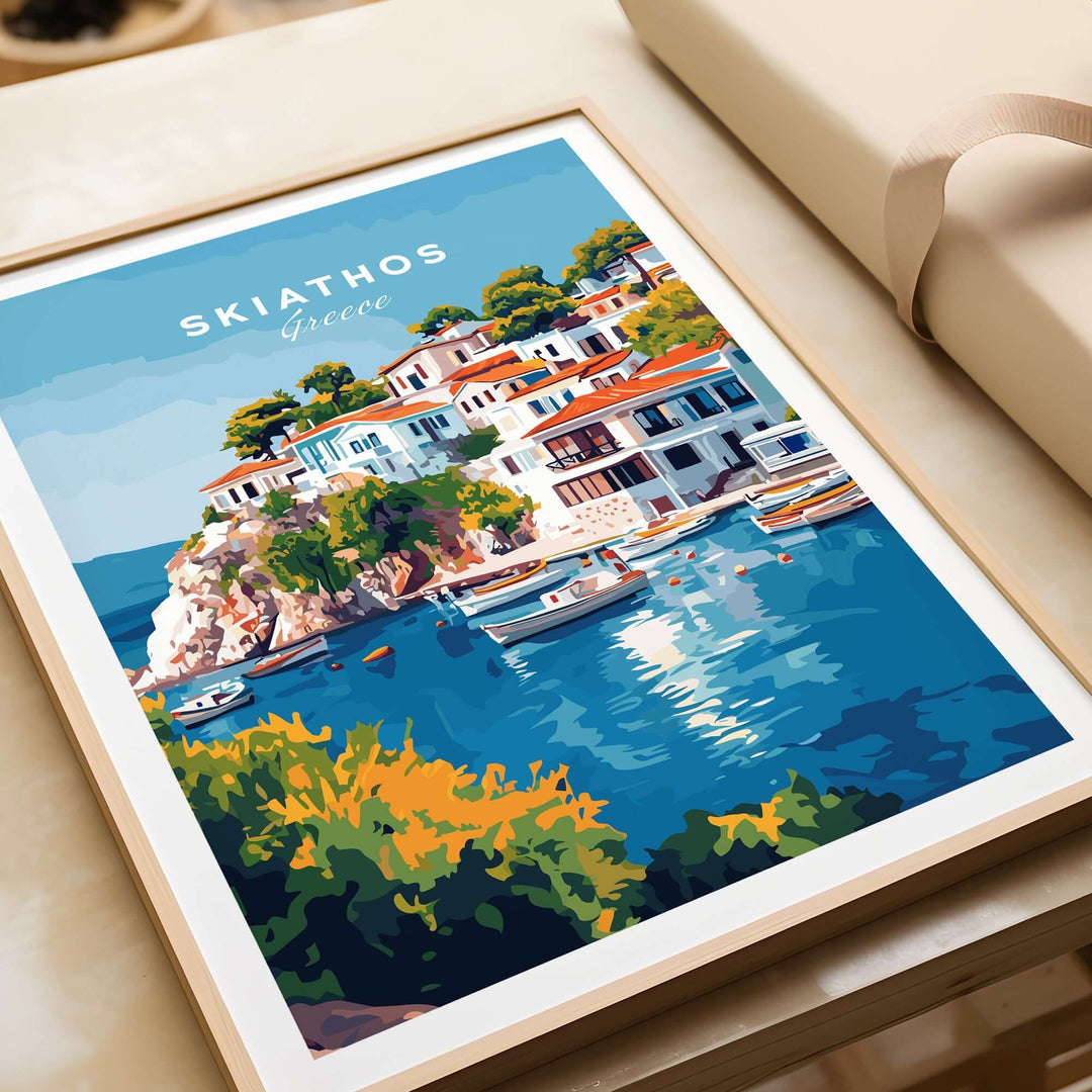 Skiathos Beach Escape poster featuring vibrant Greek scenery and colorful buildings by the water.