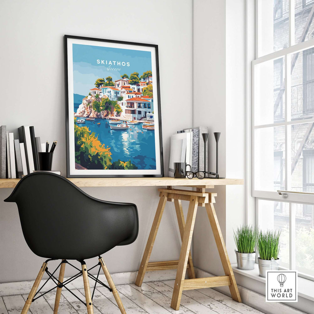 Skiathos Beach Escape poster showcasing colorful coastal scenery in a stylish workspace.