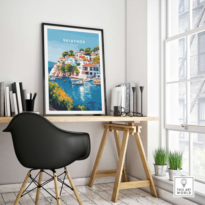 Skiathos Beach Escape poster showcasing colorful coastal scenery in a stylish workspace.