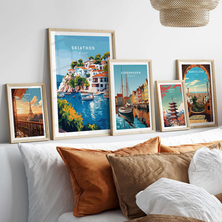 Skiathos beach escape poster and travel art prints displayed on a stylish home decor setting.