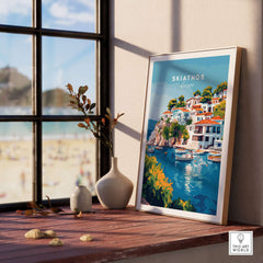 Skiathos Beach Escape: Stunning Greece Poster displayed in a sunlit room, showcasing vibrant artwork and beach views.