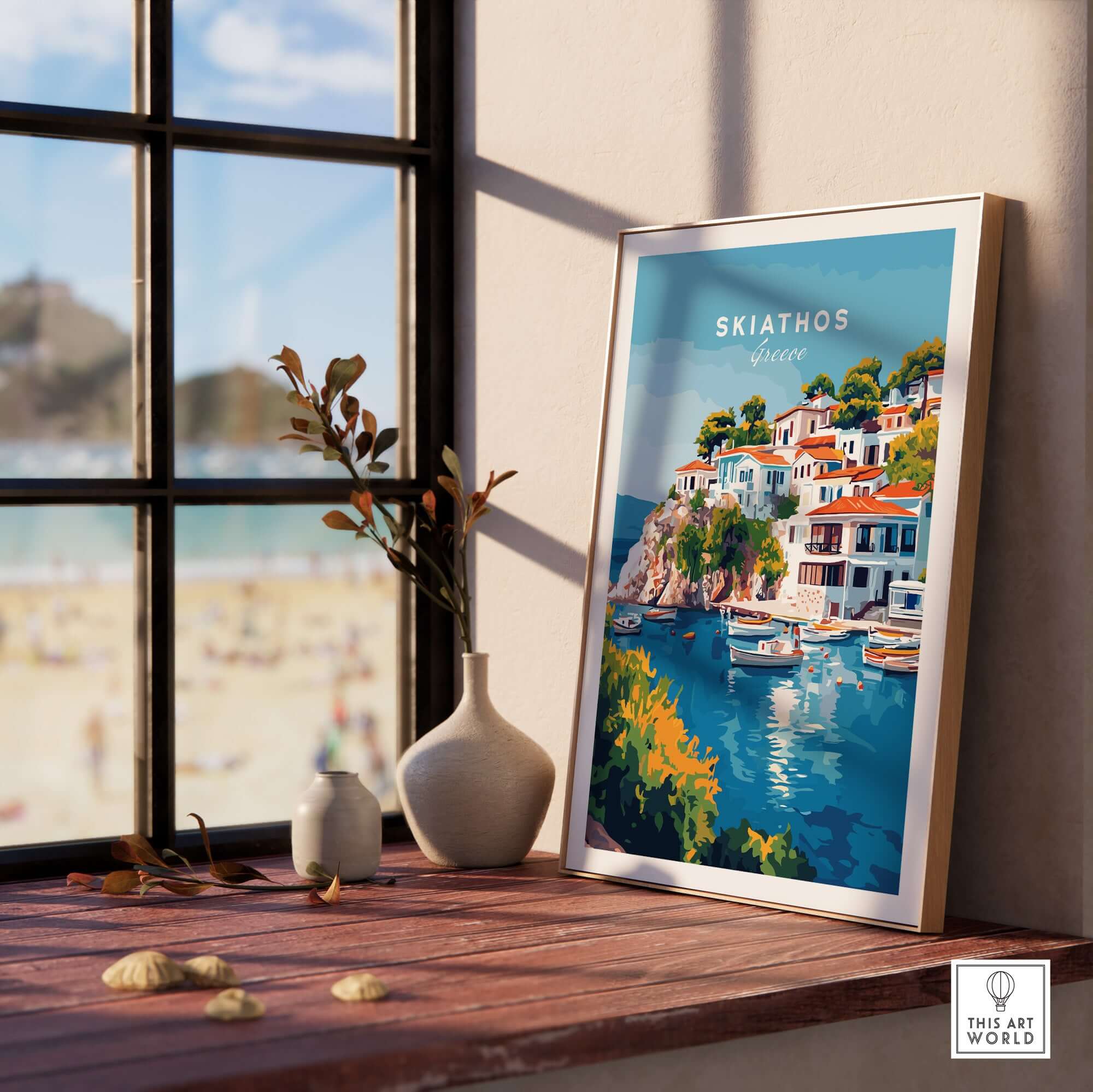 Skiathos Beach Escape: Stunning Greece Poster displayed in a sunlit room, showcasing vibrant artwork and beach views.
