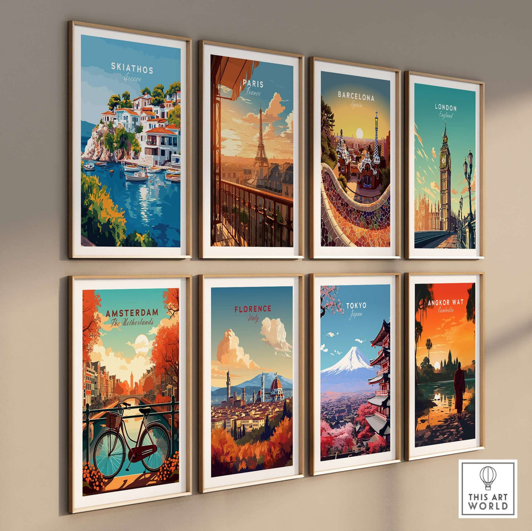 Gallery of travel posters featuring iconic cities like Skiathos, Paris, Barcelona, and more in vibrant colors.