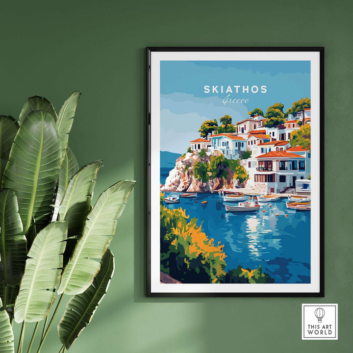 Skiathos Beach Escape poster featuring vibrant Greece scenery and colorful houses by the water.