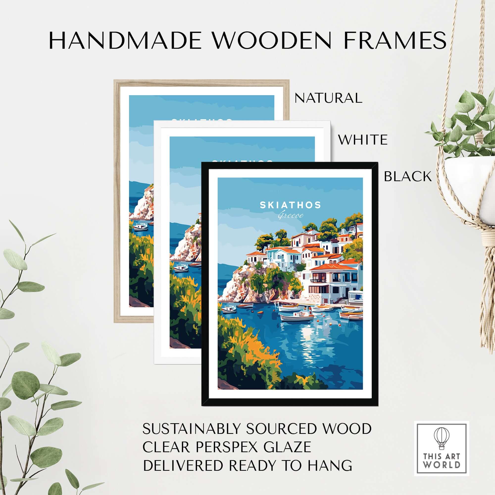 Skiathos Beach Escape: Stunning Greece Poster in handmade wooden frames, natural, white, and black options.