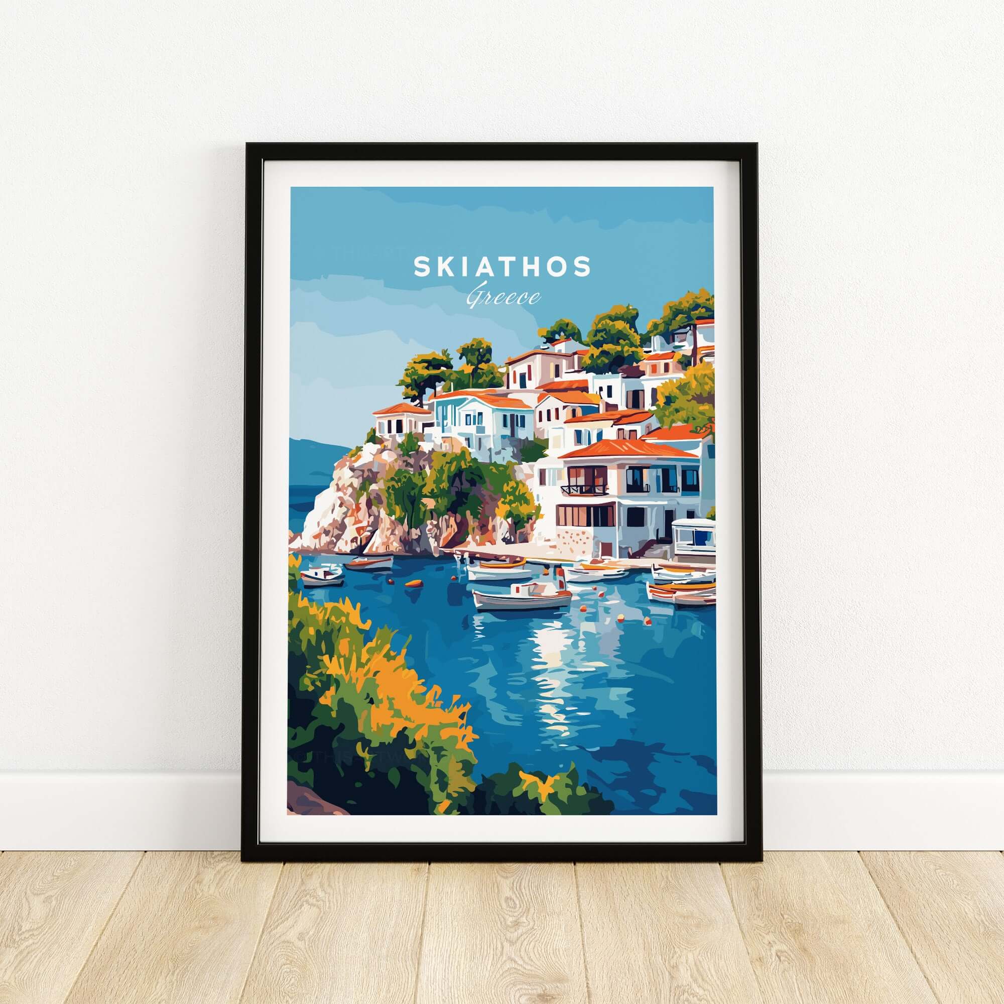 Skiathos Beach Escape: Stunning Greece Poster showcasing vibrant coastal scenery and colorful architecture.