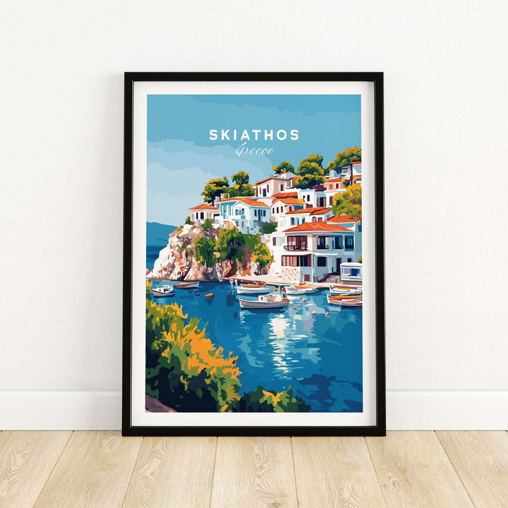 Skiathos Beach Escape poster featuring vibrant coastline and boats, capturing the beauty of Greece.