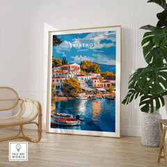 Skiathos Dreams - Timeless Greece Art Print showcasing a serene seaside scene in a stylish interior.