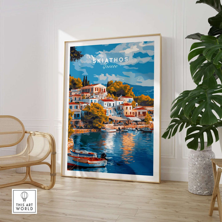 Skiathos Dreams art print showcasing vibrant Greek architecture and serene waters in a stylish home setting.