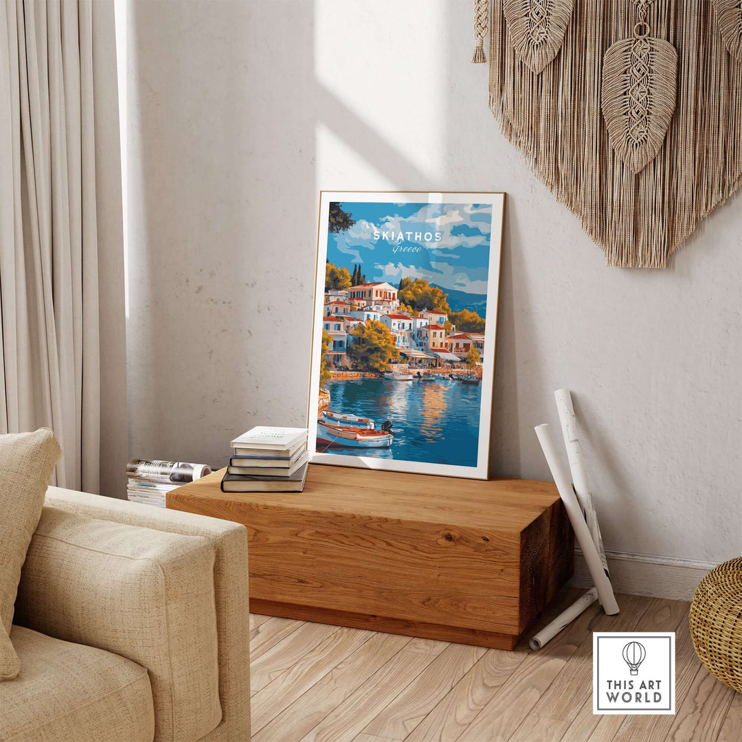 Skiathos Dreams art print showcasing vibrant Greek scenery in a stylish interior setting.