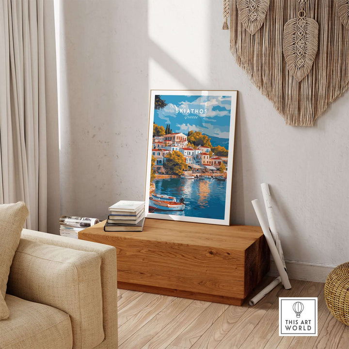 Skiathos Dreams art print showcasing vibrant Greek scenery in a stylish interior setting.