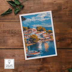 Skiathos Dreams - Timeless Greece Art Print featuring a scenic waterfront view of Skiathos, Greece.